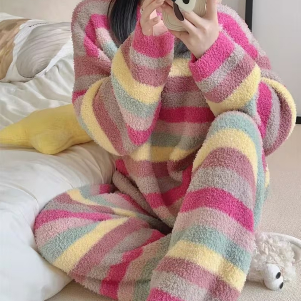 Cozy Pastel Striped Fuzzy Loungewear Set